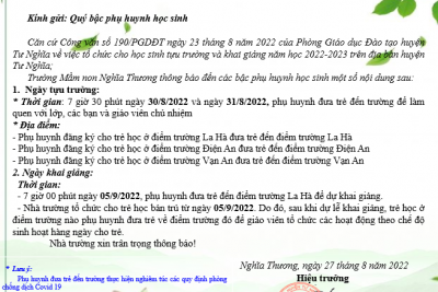 THÔNG BÁO TỰU TRƯỜNG VÀ KHAI GIẢNG NĂM HỌC 2022-2023