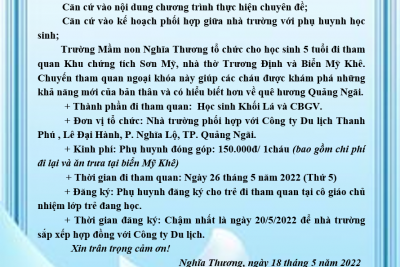 THÔNG BÁO VỀ VIỆC THAM QUAN TRẢI NGHIỆM CỦA HỌC SINH LỚP LÁ TRƯỜNG MẦM NON NGHĨA THƯƠNGNĂM HỌC 2021-2022
